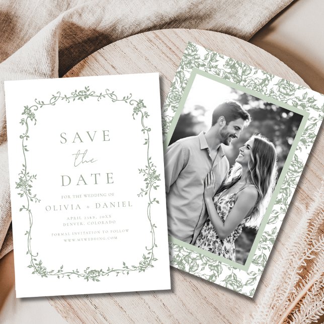French Victorian Floral Sage Green Photo Wedding  Save The Date (Creator Uploaded)