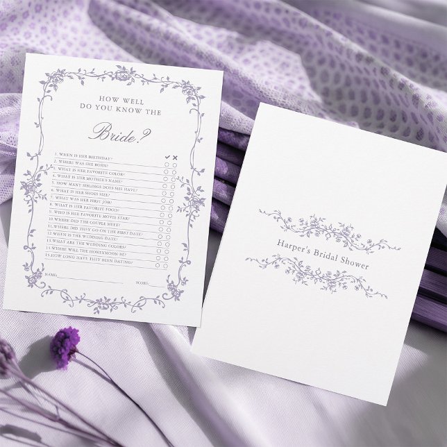 French Victorian Lavender Bridal Shower Game (Front & Back)