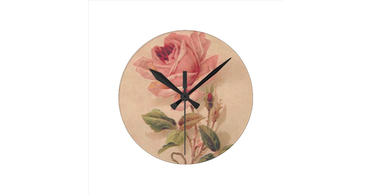 French Victorian Pink Rose Round Clock
