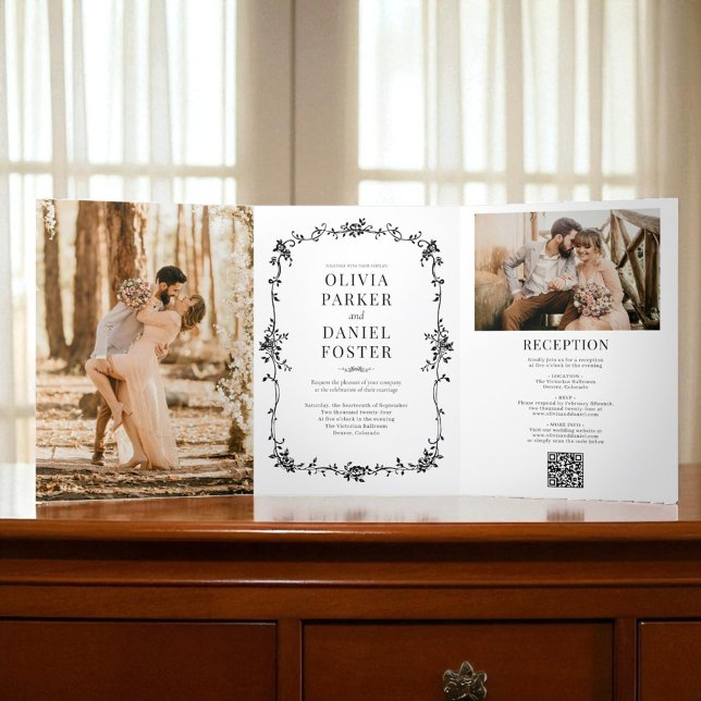 French Victorian QR Code Black Two Photo Wedding Tri-Fold Invitation (Creator Uploaded)