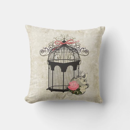 French Victorian Vintage Birdcage Throw Pillow