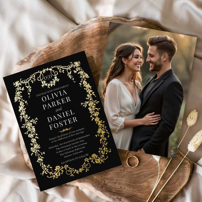 French Victorian Wedding Photo Gold  Foil Invitation (Creator Uploaded)