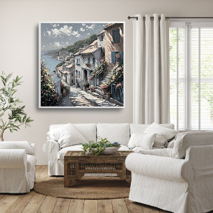 French Village Summer Landscape by the Sea Poster