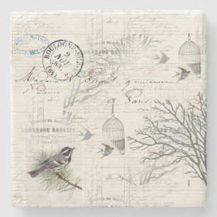 French Vintage Bird and Branch Stone Coaster