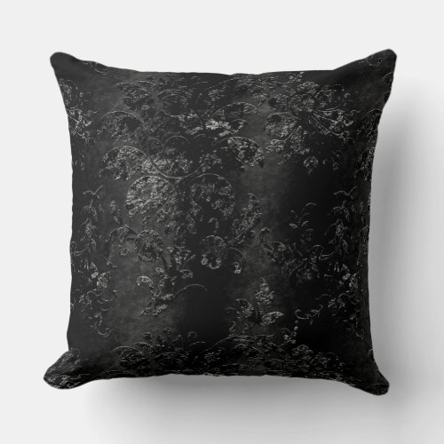 French Vintage Black Floral Damask Pattern Throw Pillow