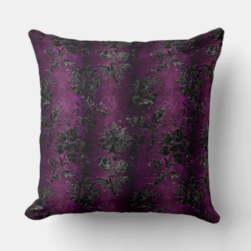 French Vintage Black Floral Damask Purple Pattern Throw Pillow