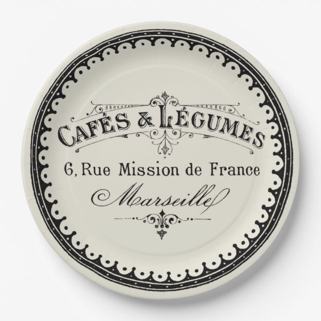 French Vintage Cafe Lettering On Beige Paper Plates (Front)