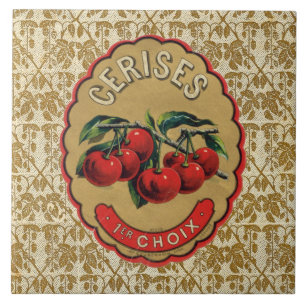French Vintage Cherries Label Ceramic Tile