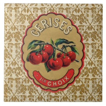 French Vintage Cherries Label Ceramic Tile by EnKore at Zazzle