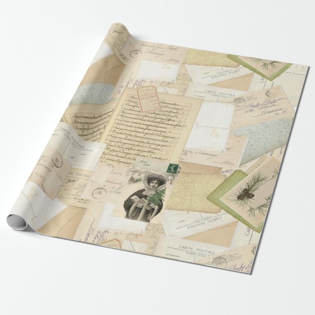French Vintage Christmas Postcard Collage Wrapping Paper (Unrolled)
