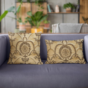 French Vintage Classic Damask Floral Parchment Throw Pillow