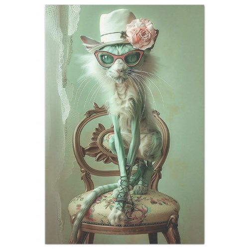 French Vintage Elegant Sage Cat Decoupage  Tissue Paper