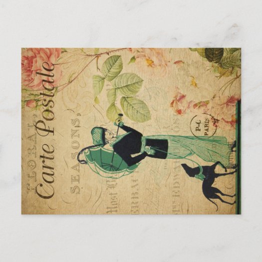 French Vintage Ephemera Woman Whippet Dog Floral 