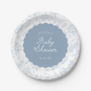 French Vintage Floral Blue Scalloped Baby Shower Paper Plates
