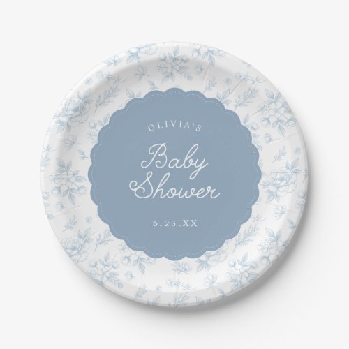 French Vintage Floral Blue Scalloped Baby Shower Paper Plates