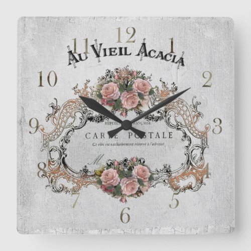 French vintage frame with roses square wall clock