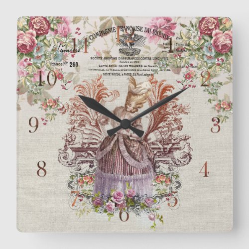 French vintage Lady with roses Square Wall Clock