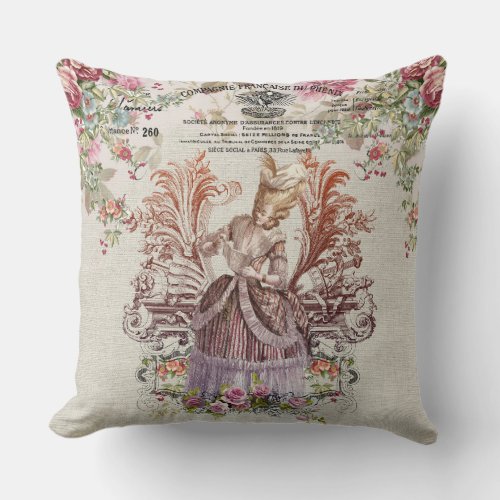 French vintage Lady with roses Throw Pillow