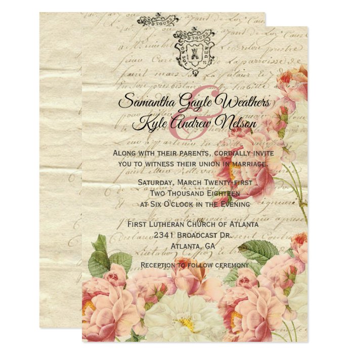 French Vintage Letter And Roses Wedding Invitation Zazzle Com