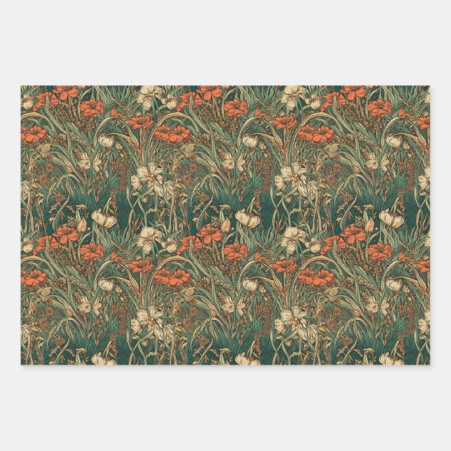 French, vintage, nouveau inspired wildflowers wrapping paper sheets (Front)