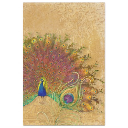 French Vintage Peacock Feather Gold Floral Damask  Tissue Paper
