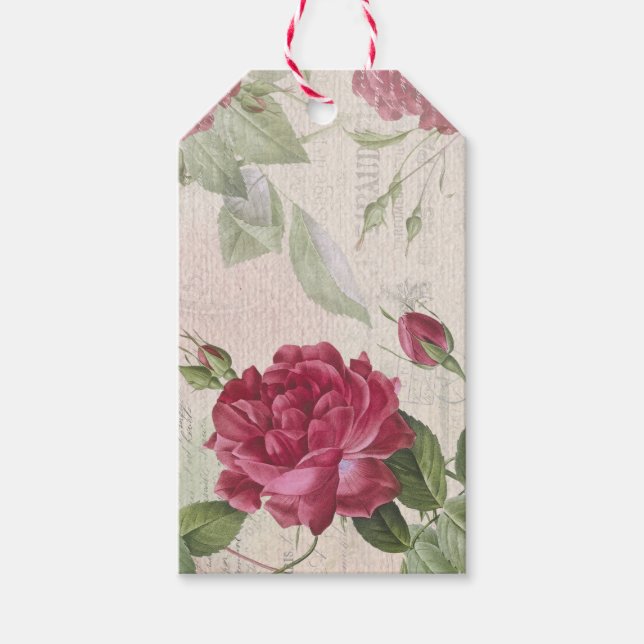 French Vintage Rose, Antique Red Ephemera Gift Tag (Front)