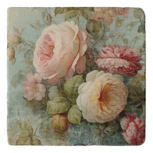 French Vintage Roses Floral Blue n Pink Decoupage Trivet