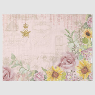 French Vintage Script Floral Sunflower Watercolor Tissue Paper