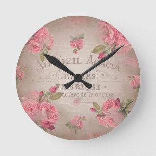 french vintage shabbychic roses pink floral round clock