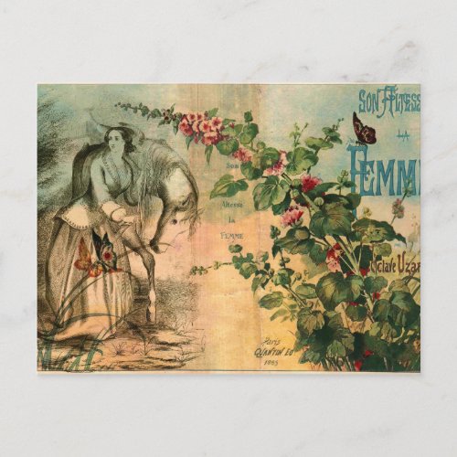 French Vintage Style Horse Woman Floral Postcard