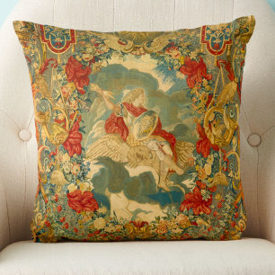 French Vintage Tapestry Jewel Tones Colorful  Throw Pillow