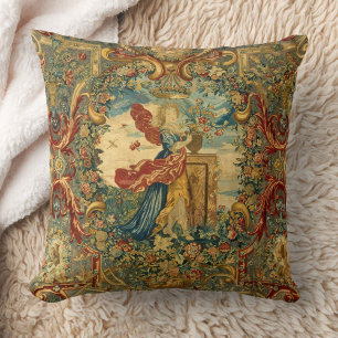 French Vintage Tapestry Jewel Tones Colorful  Throw Pillow