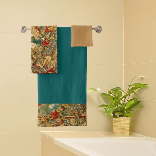 French Vintage Tapestry Jewel Tones Dark Teal Bath Towel Set