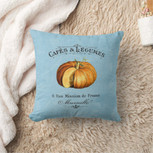 French Vintage Veggie Vegan Pumpkin Blue Throw Pillow