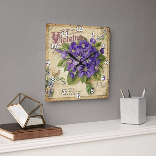 French Vintage Violets Country wall decor clock