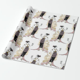 French Vintage Woman with Wine on Blush Pink Wrapping Paper