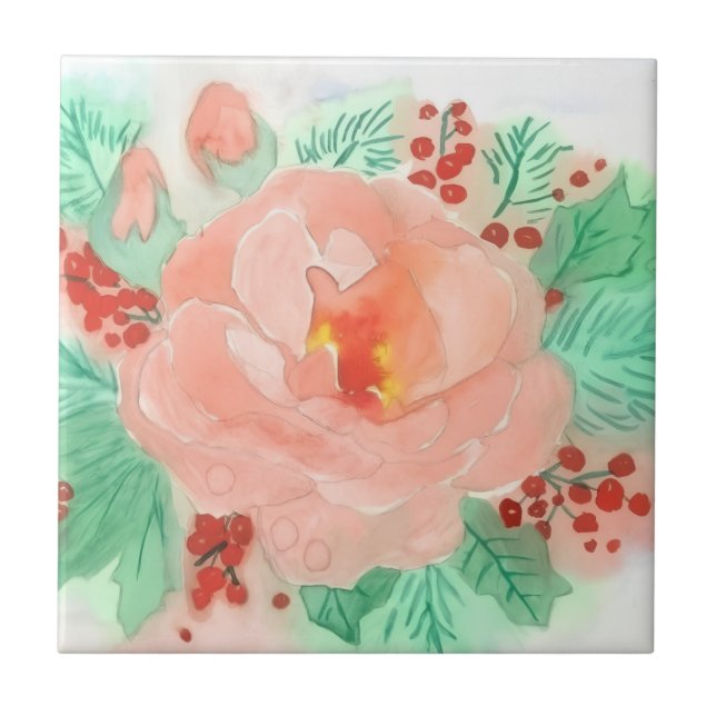 French watercolor rose ceramic tile (Front)