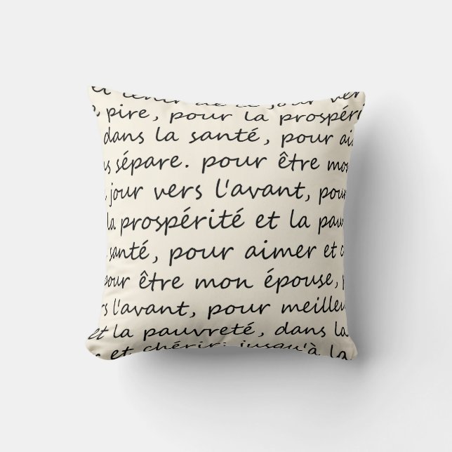 French Wedding Vows Handwriting Black and Ivory Throw Pillow (Front)