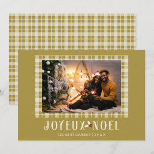 French White Gold Tartan Joyeux Noël Custom Photo Holiday Card