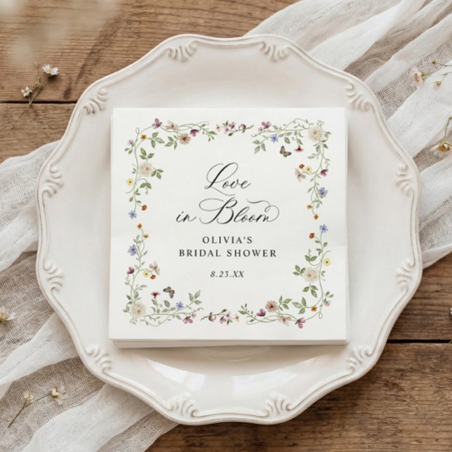 French Wildflower Love in Bloom Bridal Shower Napkins (Bridal shower napkins with French wildflower design and love is in bloom floral script)