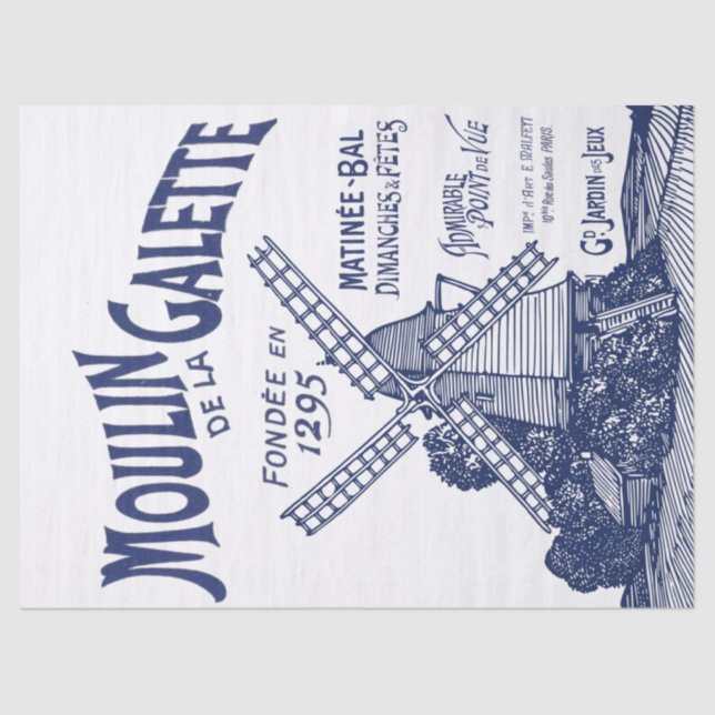 French Windmill Blue Typography Decoupage Old Text Tissue Paper (Front)