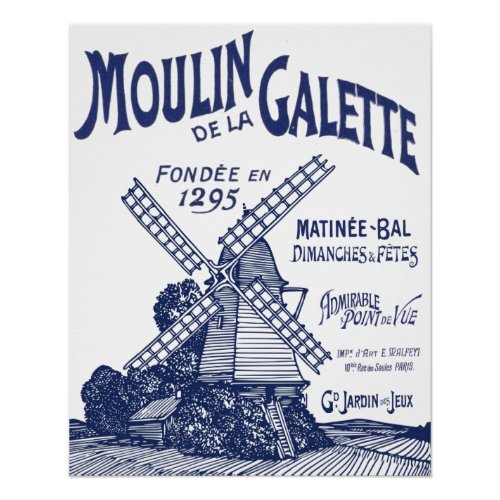 French Windmill Blue Typography Vintage Moulin Ad Poster