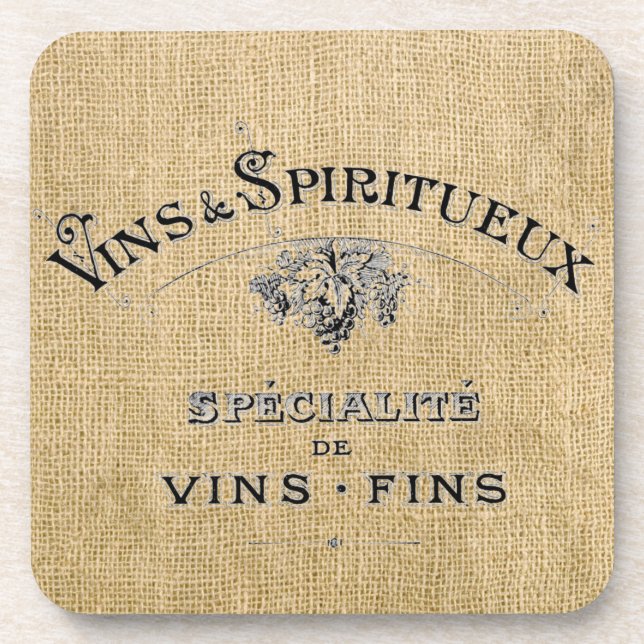 French Wine Ad on Burlap Beverage Coaster (Front)