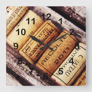 French Wine Bottle Corks Collection Square Wall Clock by myworldtravels at Zazzle