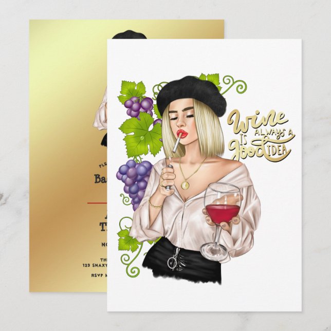 French Wine Woman Bachelorette Party Invitation (Front/Back)