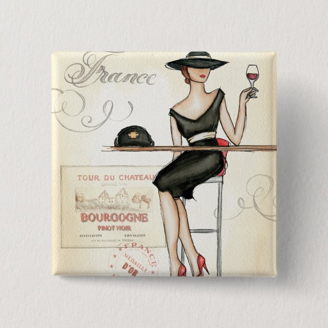 French Woman Drinking Red Wine Pinback Button (Front)