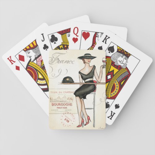 French Woman Drinking Red Wine Playing Cards