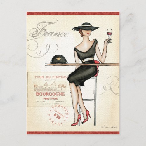 French Woman Drinking Red Wine Postcard