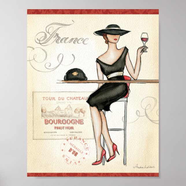 French Woman Drinking Red Wine Poster (Front)