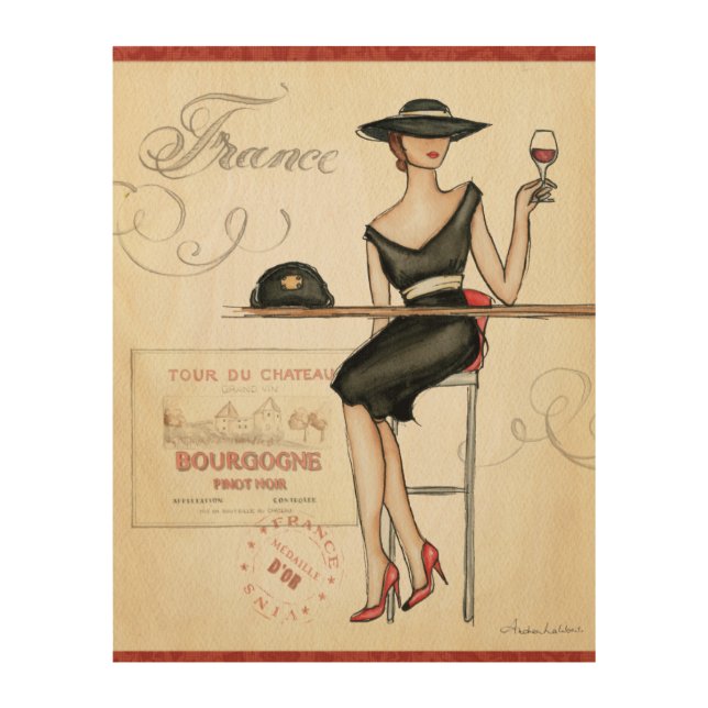 French Woman Drinking Red Wine Wood Wall Art (Front)
